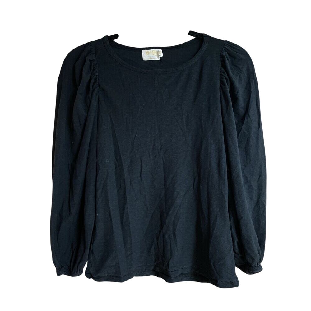 Nation LTD Top Women XS Black Modest Tee Long Sleeve Puff Sleeve Pima Cotton